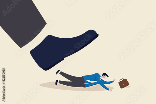 Workplace harassment, abuse or office violence, colleagues bullying or discrimination, bossy manager or aggression concept, violence boss put his giant feet on fearful businessman harassment victim.