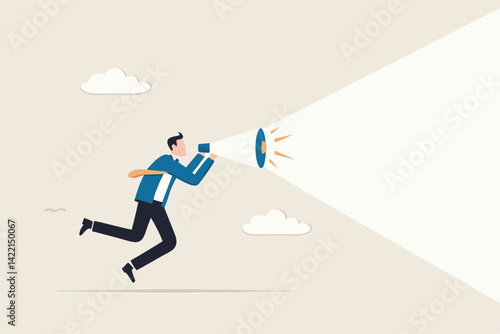 Announcement or storytelling, communication skill or shouting out loud, sending message or attention warning, speak or boss aggression concept, businessman boss shouting on megaphone or loudspeaker.