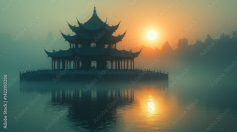 Misty sunrise over ancient temple on a lake