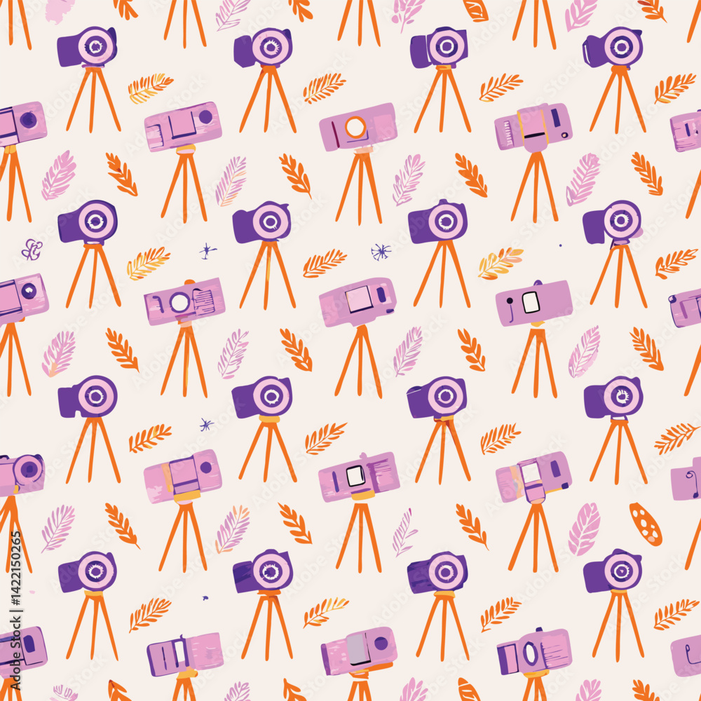 Obraz premium Seamless Stylized Pastel Camera Tripods and Lenses Pattern