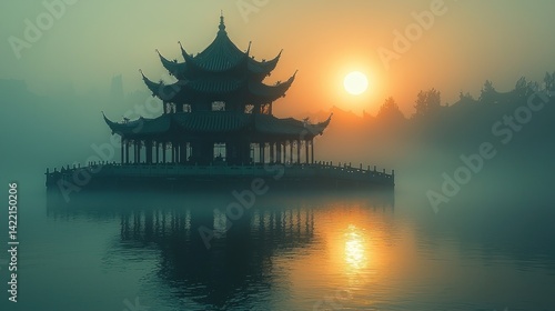 Obraz na płótnie Misty sunrise over ancient temple on a lake w salonie