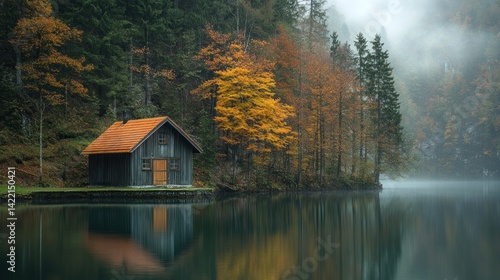 Autumn cabin on a misty lake