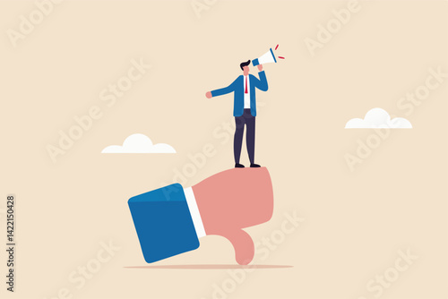 Discredit or blame other people, bullying and discourage speaking, fake news or negative feedback concept, bad businessman with megaphone discredit and blaming other people on thumb down symbol.
