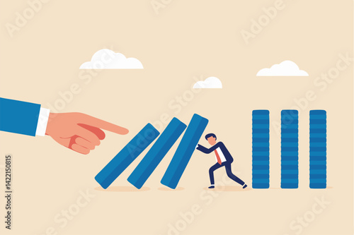 Risk management, control danger, lost or damage from crisis or accident, management and investment strategy, assessment level concept, businessman stop risk of domino effect from threats and disaster.