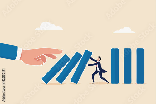 Risk management, control danger, lost or damage from crisis or accident, management and investment strategy, assessment level concept, businessman stop risk of domino effect from threats and disaster.