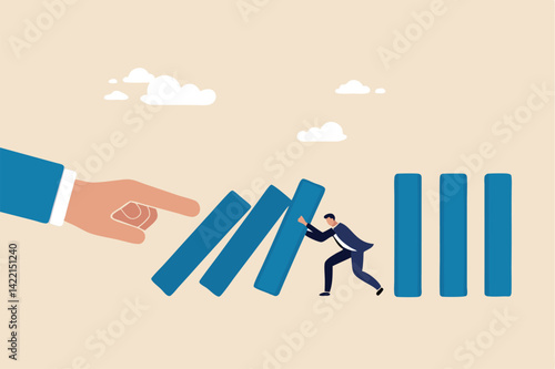 Risk management, control danger, lost or damage from crisis or accident, management and investment strategy, assessment level concept, businessman stop risk of domino effect from threats and disaster.