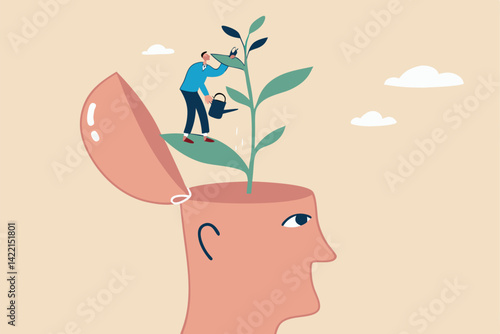 Self improvement, personal development or growth mindset, motivation to grow and achieve career success, learning new skill or knowledge concept, businessman watering plant growing from his self head.
