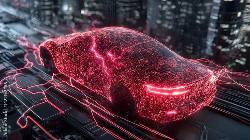 A futuristic car design glowing with red energy. Ideal for tech advertisements showcasing innovative automotive technology and electric vehicle concepts. Suitable for futuristic themes.