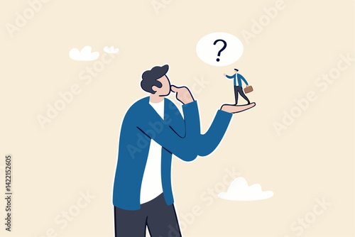 Ask yourself a question, process for self improvement, personal development, problem solving or review and evaluation concept, curious businessman asking himself for answer with big question mark.