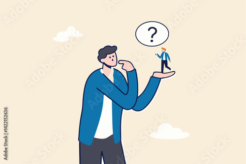 Ask yourself a question, process for self improvement, personal development, problem solving or review and evaluation concept, curious businessman asking himself for answer with big question mark.