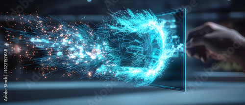 A futuristic image showing data visualization breaking through a screen suggesting advanced technology and digital innovation. Use it for tech presentations.