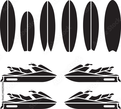 Surfboards and Jet Skis Icon Set Black Silhouettes