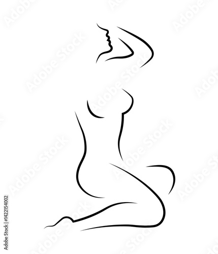 sexy lady sitting in seductive pose with big open breasts. woman silhouette. contour drawing of beautiful female figure. female image for spa or beauty salon advertising
