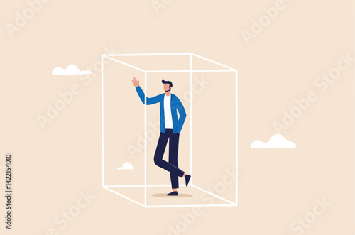 Business transparency, integrity or honesty, open data for corporate operations, transactions or management concept, sincere businessman inside transparent see through box metaphor of transparency.