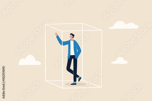 Business transparency, integrity or honesty, open data for corporate operations, transactions or management concept, sincere businessman inside transparent see through box metaphor of transparency.