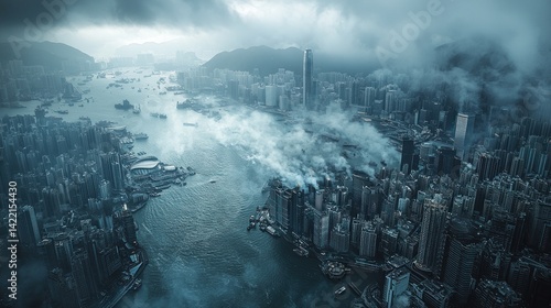 Dense city skyline shrouded in mist