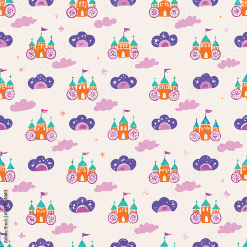 Fairytale Pastel Castles and Carriages Vector Pattern