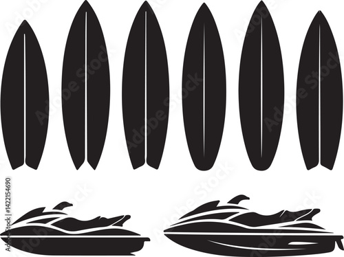 Surfboards and Jet Skis Silhouette Icons Set