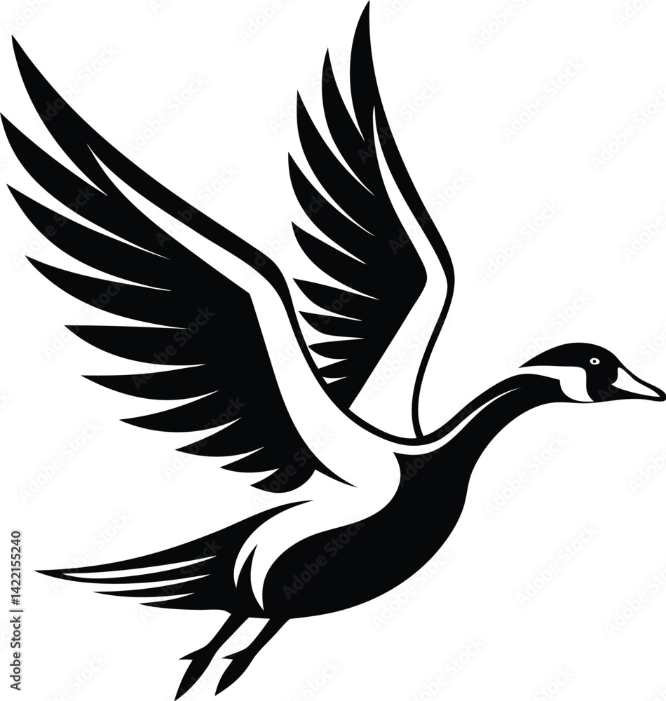 Fototapeta premium Flying duck silhouette, flying duck on white background