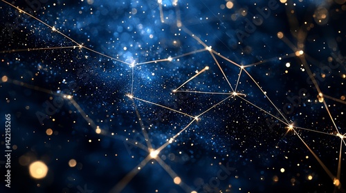 Blue sky with a lot of stars and lines. The stars are shining brightly and the lines are connecting them. The image has a dreamy and ethereal quality to it