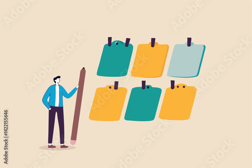 Review work progress on kanban board, todo list, in progress task and finished one, project management or planning for production concept, business people review project progress on kanban board.