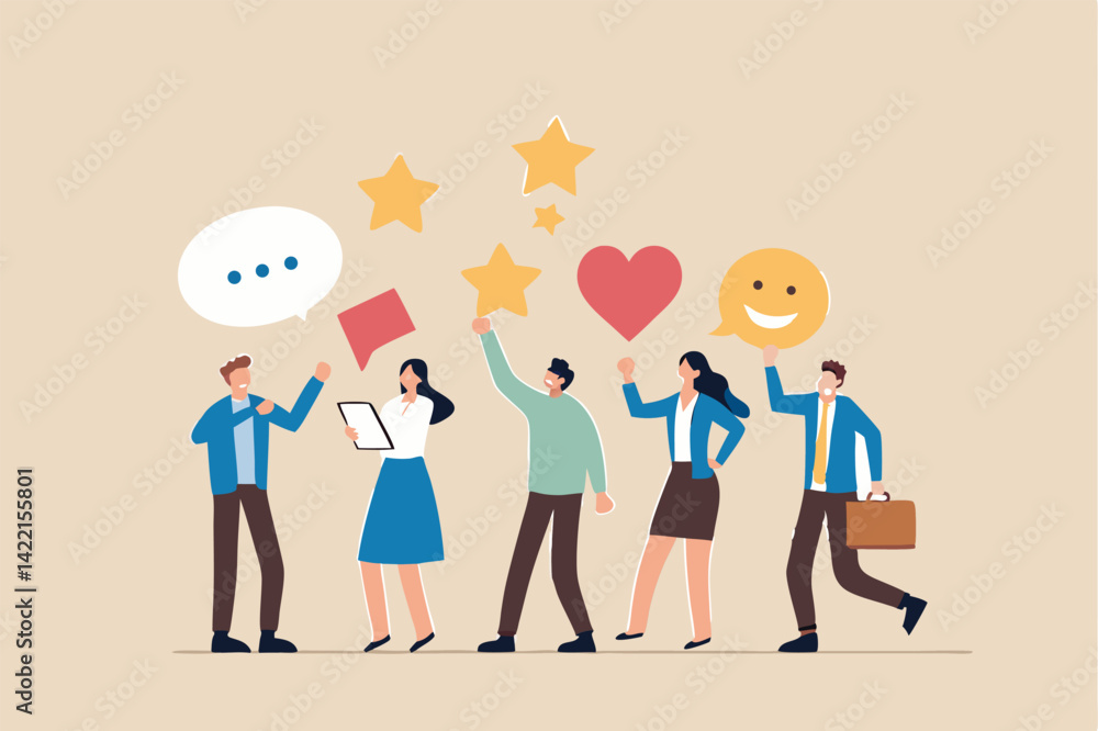 Customer feedback, user experience or client satisfaction, opinion for product and services, review rating or evaluation concept, young adult people giving emoticon feedback such as stars, thumbs up. Customer feedback, user experience or client satisfaction, opinion for product and services, review rating or evaluation concept, young adult people giving emoticon feedback such as stars, thumbs up.