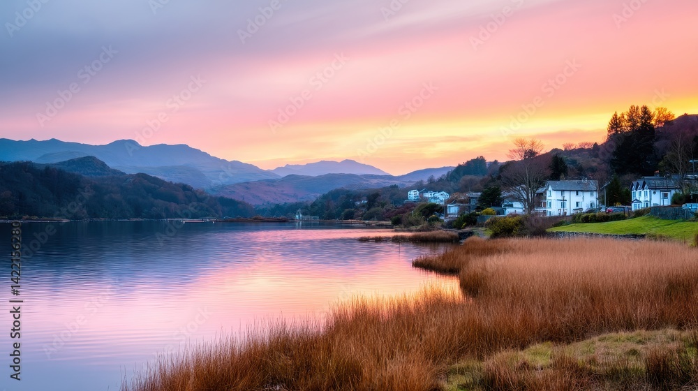 Fototapeta premium Serene sunset over a tranquil lake with mountains in the background and lush greenery