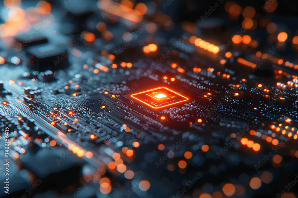 Fototapeta premium An intricate image of a computer circuit board glowing with orange light. The focus is on a central processing unit suggesting technological advancement. Ideal for tech articles and visualizations.