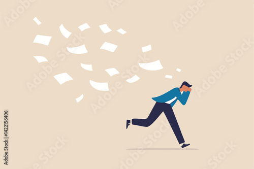 Overwhelmed or work overload, exhausted and anxiety, stressed and tired from problem and trouble, panic attack or shocked, burnout and depression concept, fearful businessman runaway from paperwork.