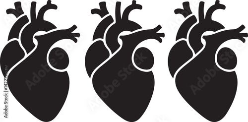 Three Black Silhouettes of Anatomical Human Hearts