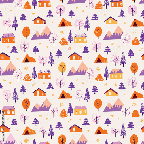 Cozy Outdoor Pastel Mountain Cabins Vector Pattern