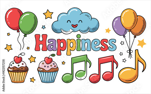  Whimsical illustration of happiness with balloons, cloud, cupcakes, music notes, and stars, conveying joy and celebration