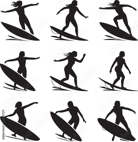 Nine Silhouettes of Female Surfers Riding Waves