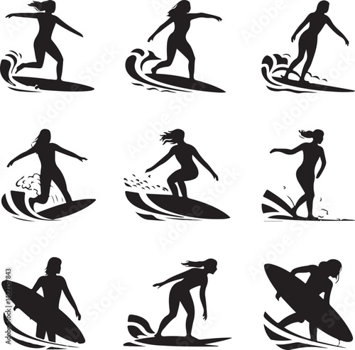 Nine Silhouettes of Female Surfers Riding Waves