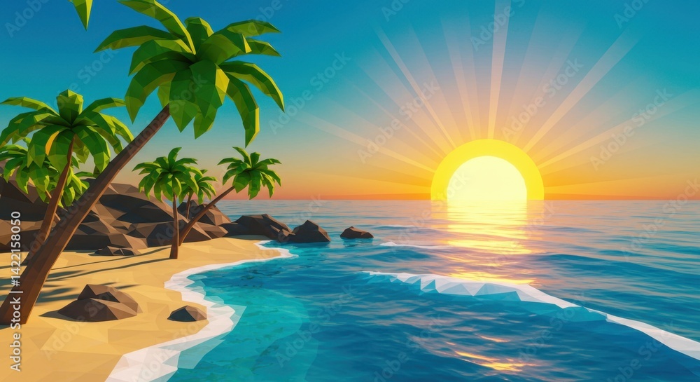 Obraz premium Low-Poly Tropical Beach Scene with Angular Palm Trees