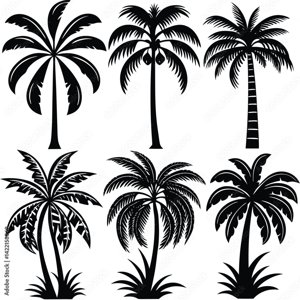 Fototapeta premium Black and White Palm Tree Silhouettes Collection, Hand-Drawn Palm Tree Illustrations, Stylized Palm Trees Clipart Set.