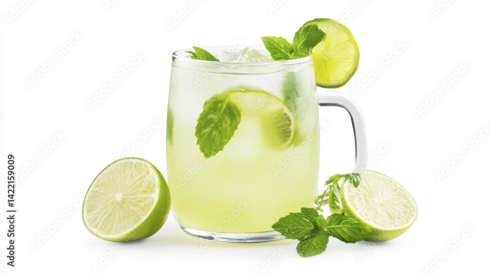 Fototapeta premium Moscow Mule cocktail with lime and mint leaves isolated on white background. Generative AI