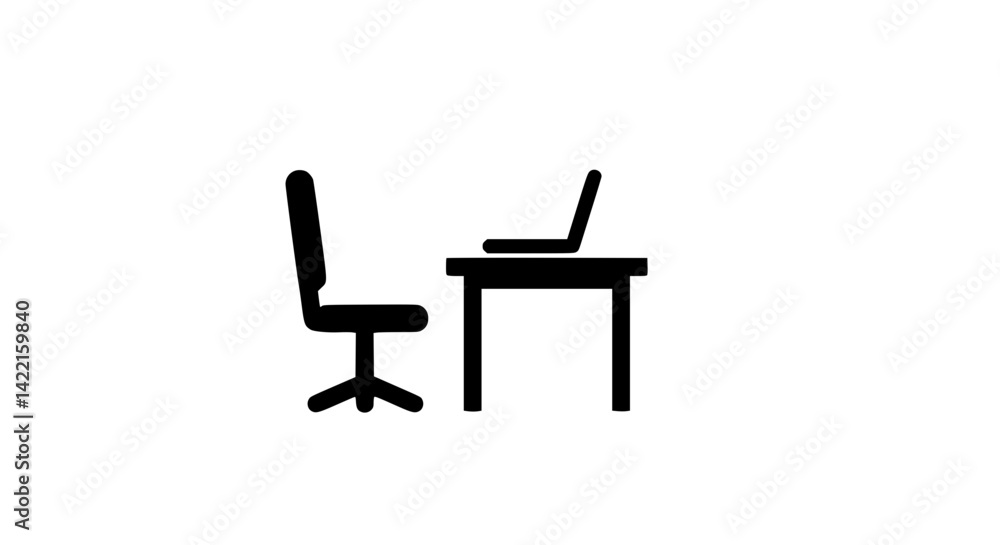 Icon showing laptop and chair at desk in black and white Icon showing laptop and chair at desk in black and white