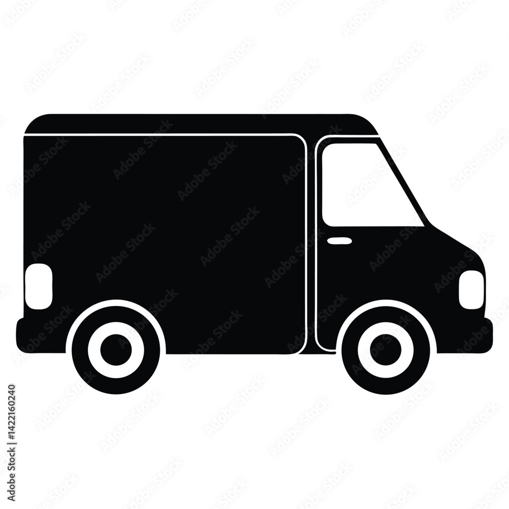 Generate a solid black silhouette icon of a delivery van viewed from the side. Generate a solid black silhouette icon of a delivery van viewed from the side.