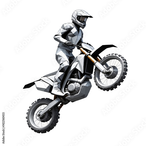 3D polygons create a dynamic motorcycle rider performing stunts in mid-air against a simple background