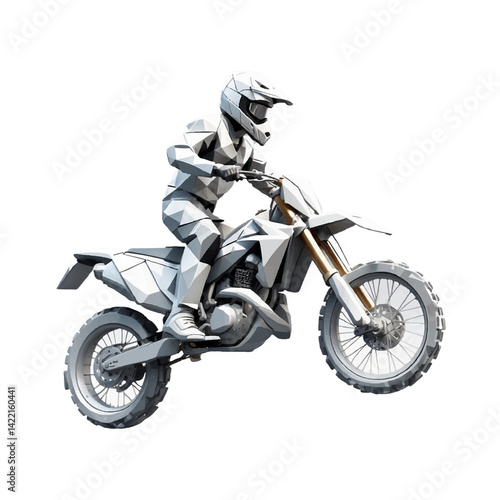 3D polygons create a dynamic motorcycle rider performing stunts in mid-air against a simple background