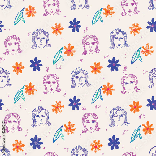 Fashion Editorial Pastel Line Art Female Portraits Pattern