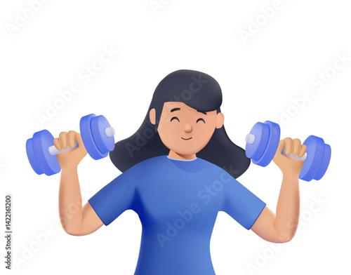 Young woman with dumbbells making sport exercises and Strength training routines focusing on muscle-building exercises with dumbbells, 3D vector stock illustration. Sporty woman wear blue clothes