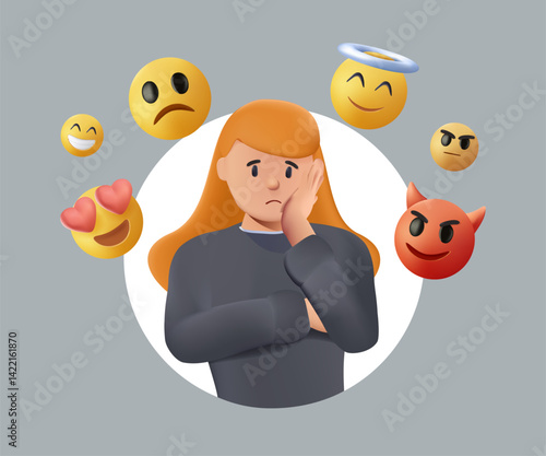 Woman with mood. Young girl in pink sweater stands and holds her head. Psychology and mental health, emotional burnout. Character suffers from Bipolar disorder. Cartoon 3D vector illustration