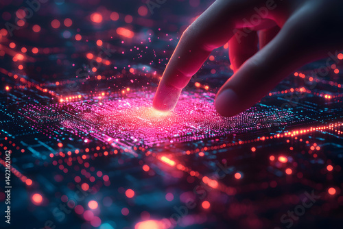 Digital finger interacting with a circuit board. Suggests innovative technology solutions or user interface design. Emphasizes connectivity and data transfer in a futuristic setting.