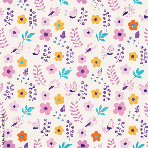Textile Craft Pastel Folk Art Flowers Vector Pattern