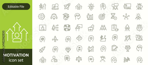 Motivation line editable icon set. Containing personal growth, goal setting, perseverance, achievement, teamwork, passion, thumbs up, and more. Vector illustration