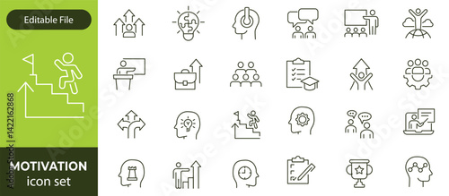 Motivation line editable icon set. Containing personal growth, goal setting, perseverance, achievement, teamwork, passion, thumbs up, and more. Vector illustration
