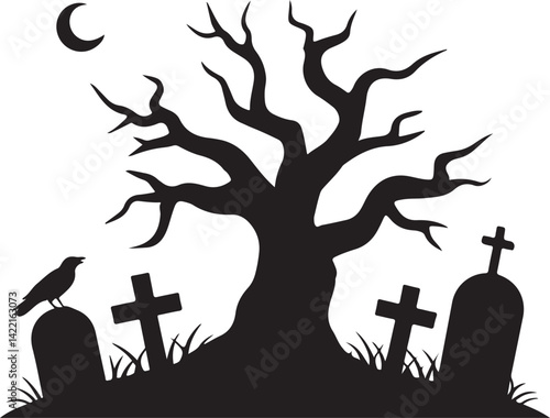 Spooky Halloween Cemetery Silhouette with Bare Tree and Crow