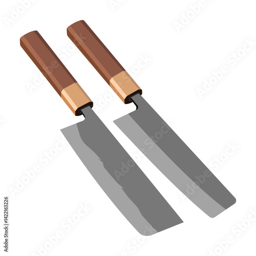 Illustration of two kitchen knives with wooden handles and sharp blades on white background
